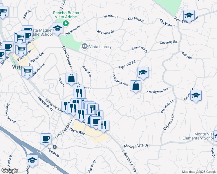 map of restaurants, bars, coffee shops, grocery stores, and more near 950 Crescent Drive in Vista