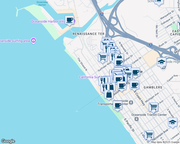 map of restaurants, bars, coffee shops, grocery stores, and more near in Camp Pendleton North