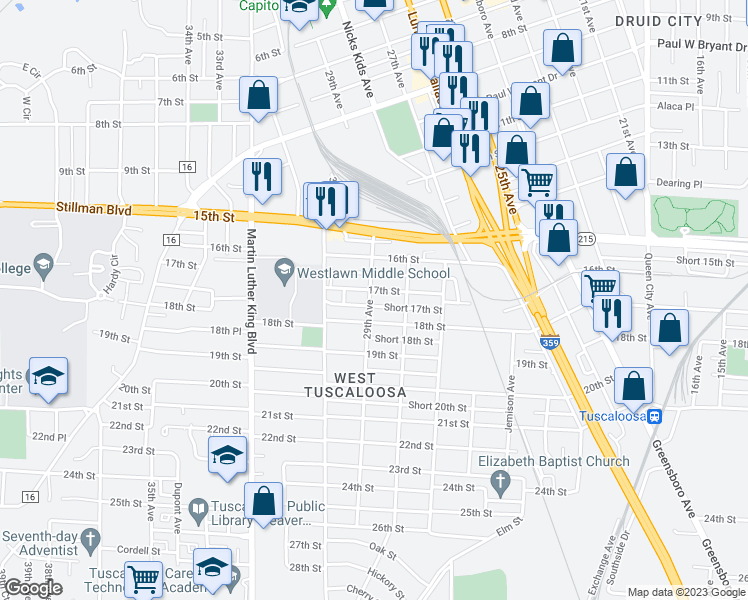 map of restaurants, bars, coffee shops, grocery stores, and more near 1707 29th Avenue in Tuscaloosa