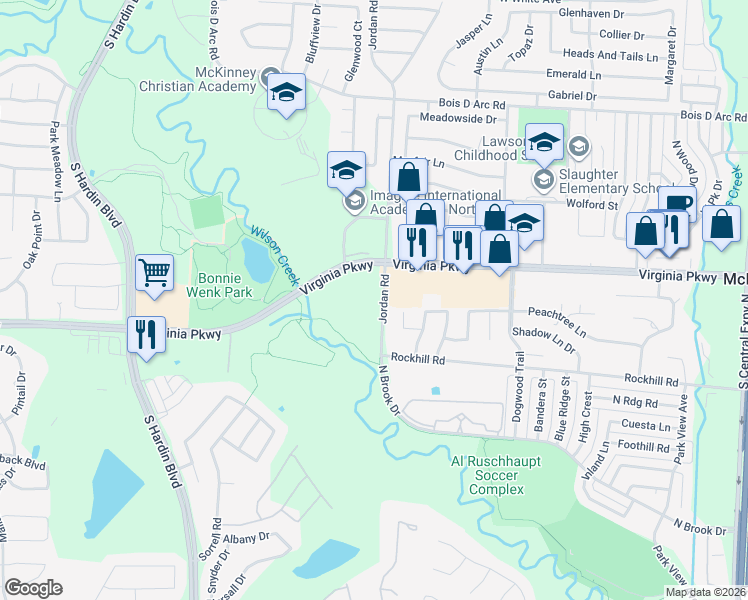 map of restaurants, bars, coffee shops, grocery stores, and more near 260 Jordan Road in McKinney