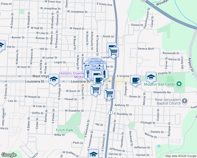 map of restaurants, bars, coffee shops, grocery stores, and more near 202 North Tennessee Street in McKinney
