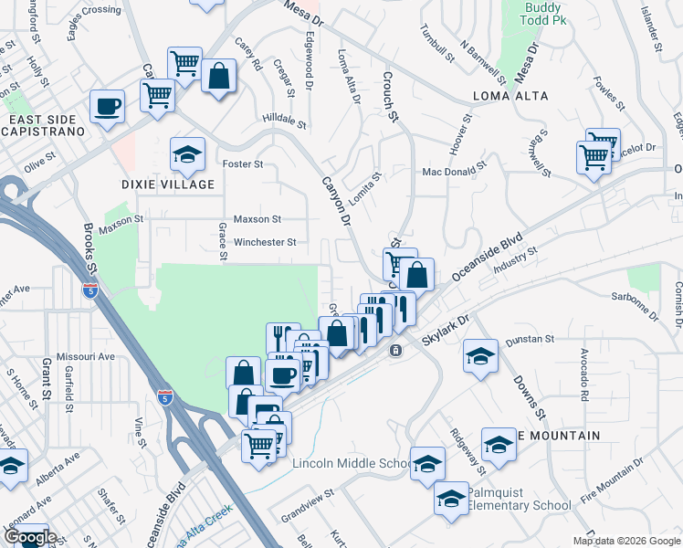 map of restaurants, bars, coffee shops, grocery stores, and more near 1990 Apple Street in Oceanside