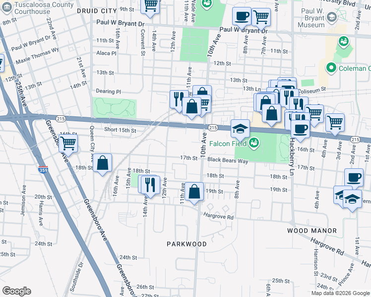 map of restaurants, bars, coffee shops, grocery stores, and more near 1100 17th Street in Tuscaloosa