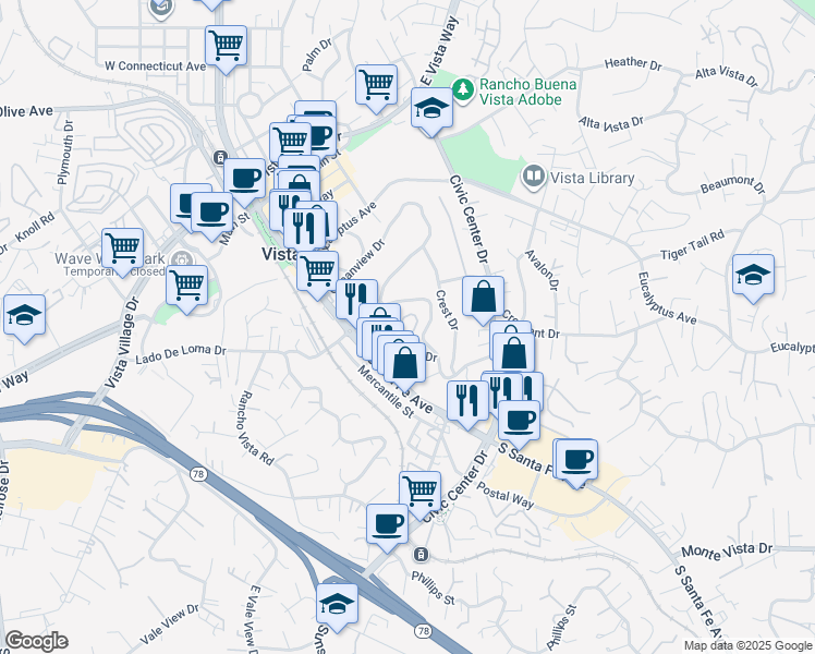 map of restaurants, bars, coffee shops, grocery stores, and more near 180 Terrace Drive in Vista