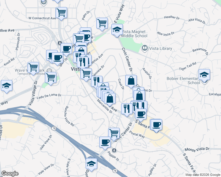 map of restaurants, bars, coffee shops, grocery stores, and more near 184 Terrace Drive in Vista
