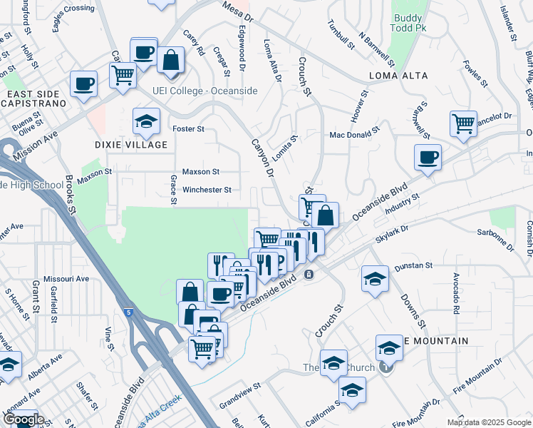 map of restaurants, bars, coffee shops, grocery stores, and more near 1990 Apple Street in Oceanside