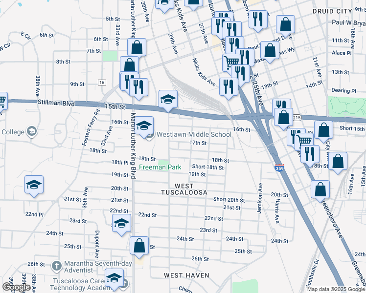 map of restaurants, bars, coffee shops, grocery stores, and more near 2911 17th Street in Tuscaloosa