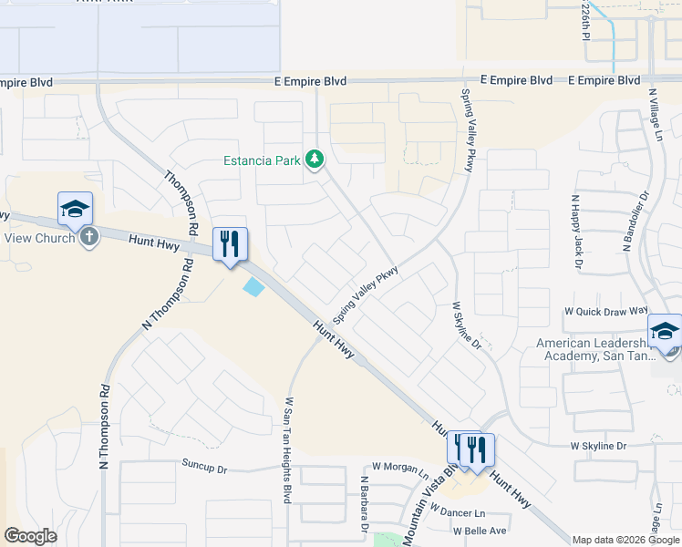 map of restaurants, bars, coffee shops, grocery stores, and more near 35098 North Lead Way in Queen Creek