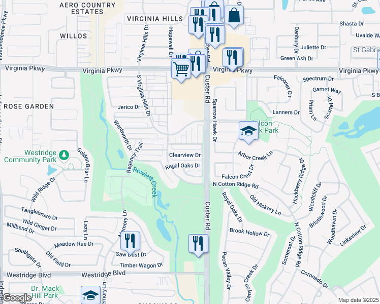map of restaurants, bars, coffee shops, grocery stores, and more near 9205 Amber Downs Drive in McKinney