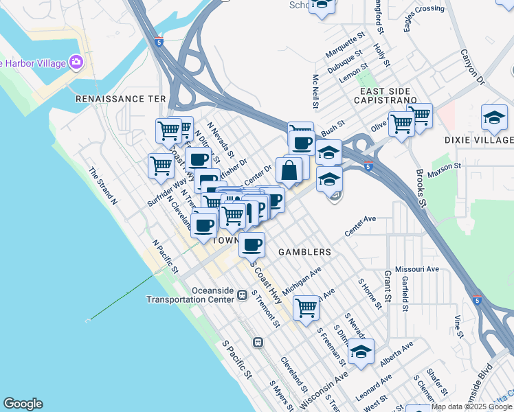 map of restaurants, bars, coffee shops, grocery stores, and more near 721 Pier View Way in Oceanside