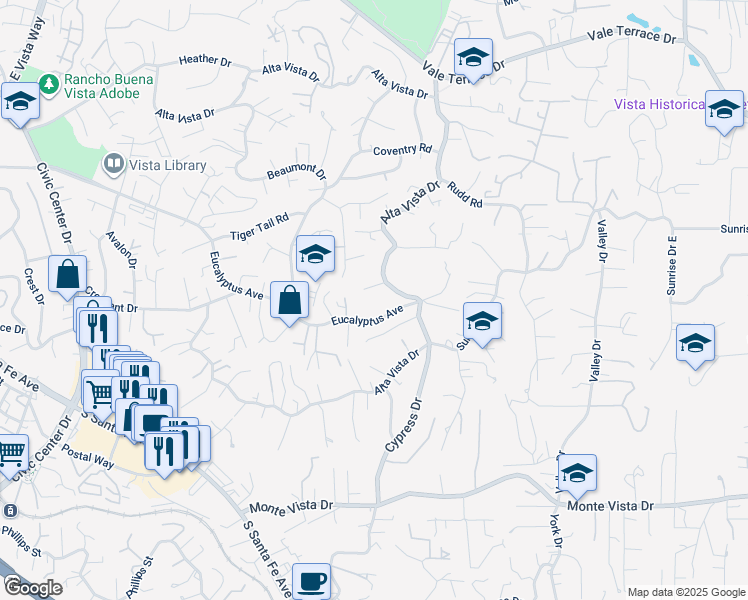 map of restaurants, bars, coffee shops, grocery stores, and more near 1845 Alta Vista Drive in Vista