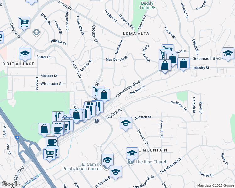 map of restaurants, bars, coffee shops, grocery stores, and more near 2136 Oceanside Boulevard in Oceanside