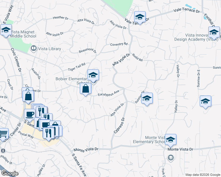 map of restaurants, bars, coffee shops, grocery stores, and more near 1845 Alta Vista Drive in Vista