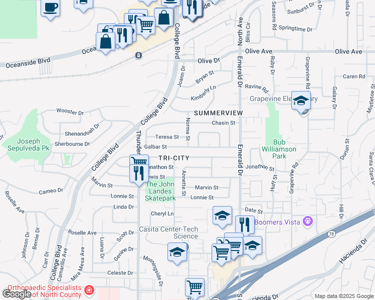 map of restaurants, bars, coffee shops, grocery stores, and more near 4151 Galbar Street in Oceanside