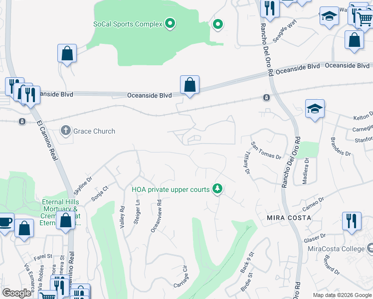 map of restaurants, bars, coffee shops, grocery stores, and more near 3302 Avenida De Loyola in Oceanside