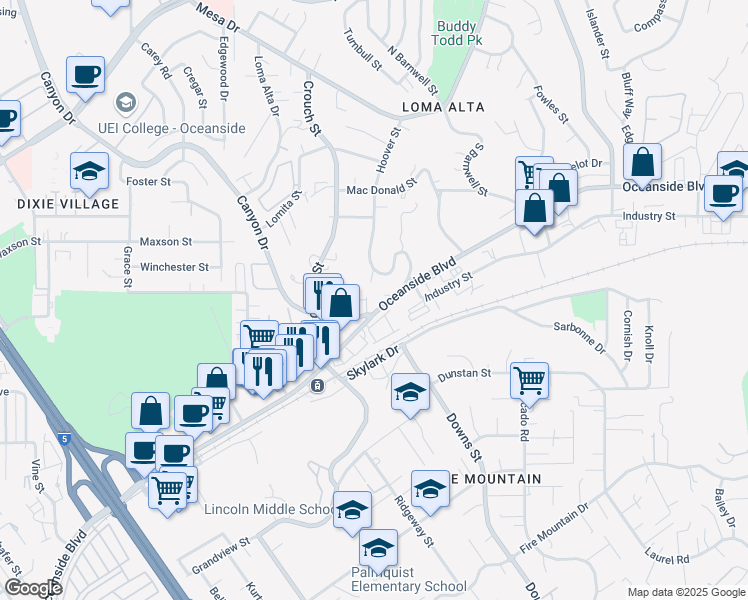 map of restaurants, bars, coffee shops, grocery stores, and more near 2166 Oceanside Boulevard in Oceanside