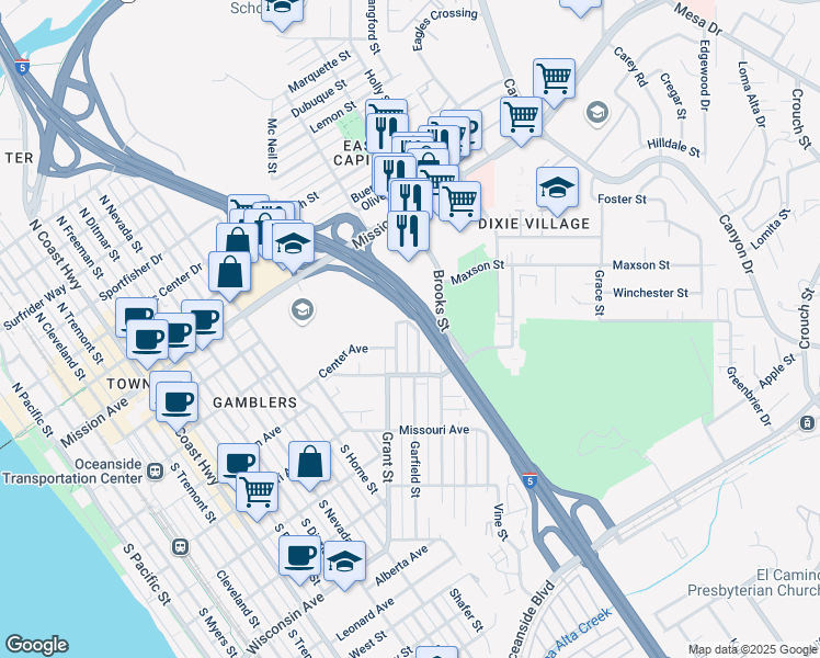 map of restaurants, bars, coffee shops, grocery stores, and more near 303 Garfield Street in Oceanside