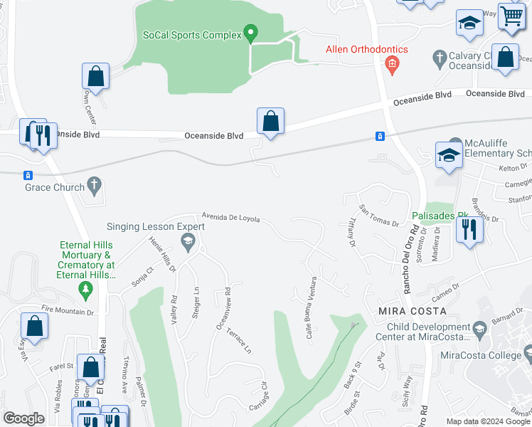 map of restaurants, bars, coffee shops, grocery stores, and more near 3302 Avenida De Loyola in Oceanside