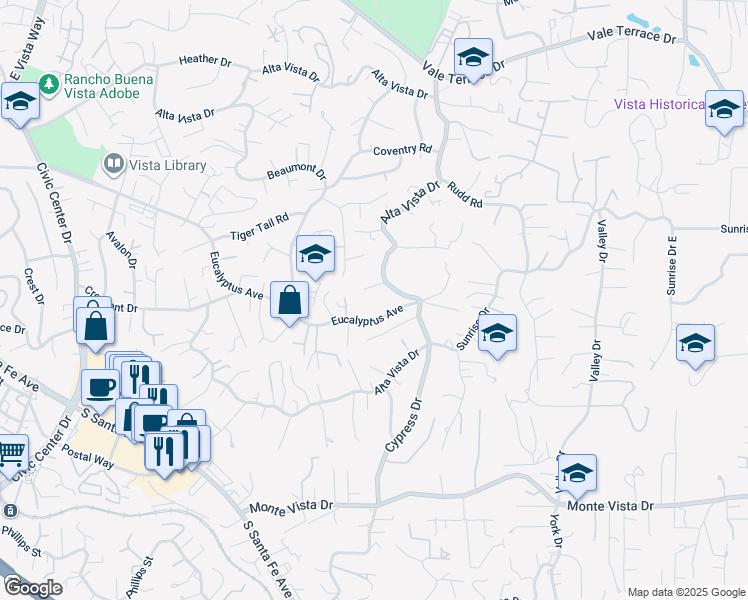 map of restaurants, bars, coffee shops, grocery stores, and more near 1845 Alta Vista Drive in Vista