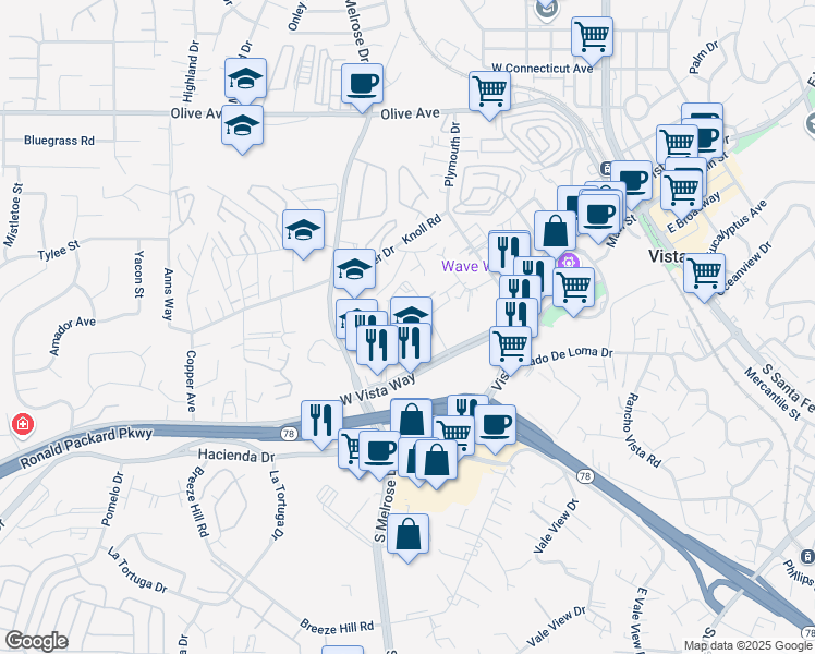 map of restaurants, bars, coffee shops, grocery stores, and more near 559 Tangerine Cove Drive in Vista
