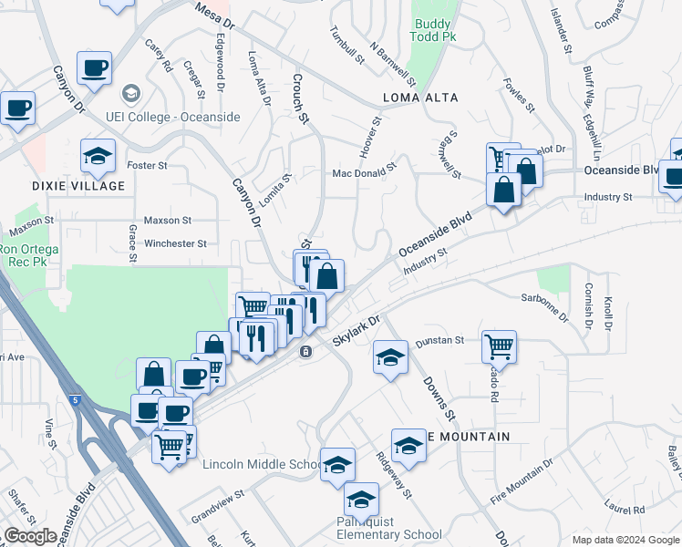 map of restaurants, bars, coffee shops, grocery stores, and more near 2034 Canyon Drive in Oceanside