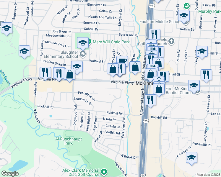 map of restaurants, bars, coffee shops, grocery stores, and more near 2400 Lakeview Circle in McKinney