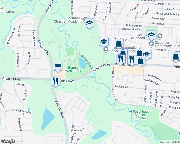 map of restaurants, bars, coffee shops, grocery stores, and more near 2830 Virginia Parkway in McKinney