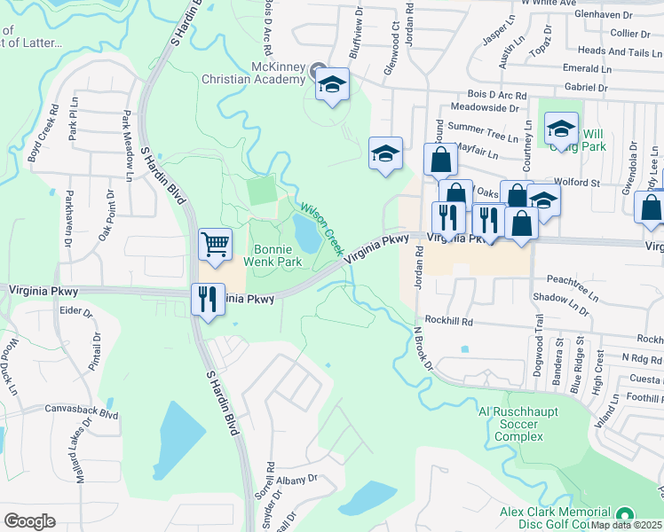 map of restaurants, bars, coffee shops, grocery stores, and more near 2830 Virginia Parkway in McKinney