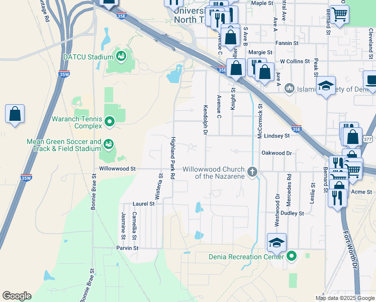 map of restaurants, bars, coffee shops, grocery stores, and more near 1819 Westridge Street in Denton