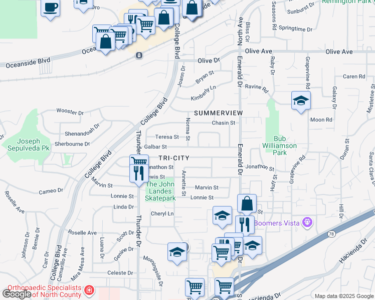 map of restaurants, bars, coffee shops, grocery stores, and more near 4151 Galbar Street in Oceanside
