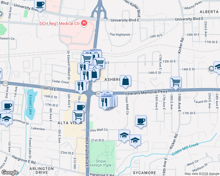 map of restaurants, bars, coffee shops, grocery stores, and more near 25 Eastwood Avenue in Tuscaloosa