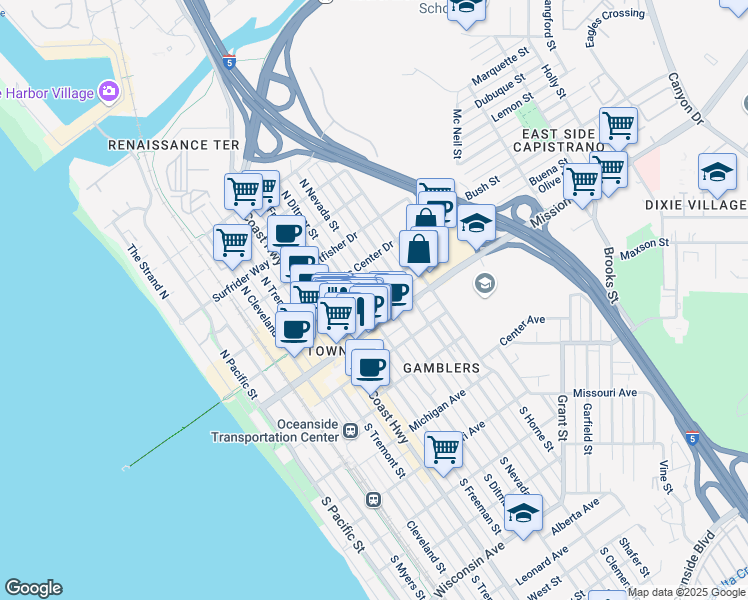 map of restaurants, bars, coffee shops, grocery stores, and more near 721 Pier View Way in Oceanside