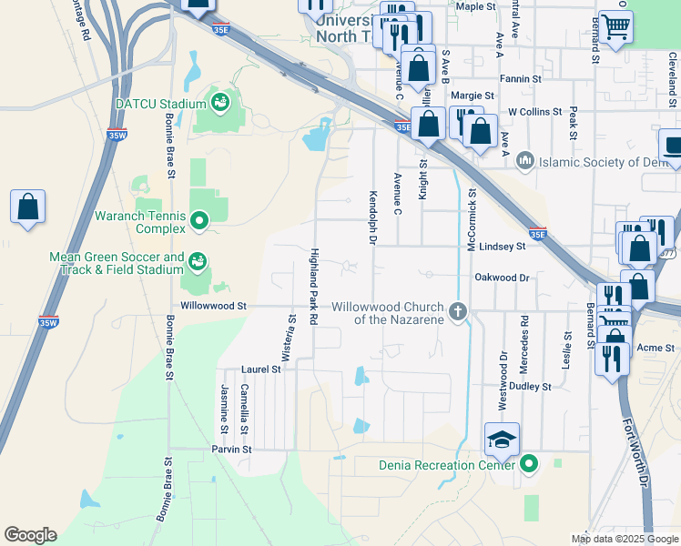 map of restaurants, bars, coffee shops, grocery stores, and more near 1819 Westridge Street in Denton