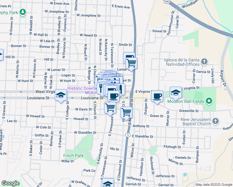 map of restaurants, bars, coffee shops, grocery stores, and more near 202 North Tennessee Street in McKinney