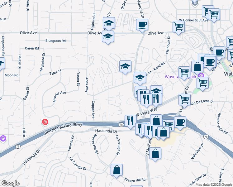 map of restaurants, bars, coffee shops, grocery stores, and more near 663 Diamond Way in Vista