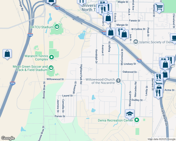 map of restaurants, bars, coffee shops, grocery stores, and more near 1819 Westridge Street in Denton