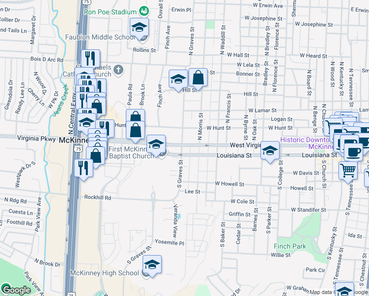 map of restaurants, bars, coffee shops, grocery stores, and more near 1507 West Virginia Street in McKinney