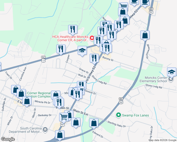 map of restaurants, bars, coffee shops, grocery stores, and more near 303 U.S. 52 in Moncks Corner