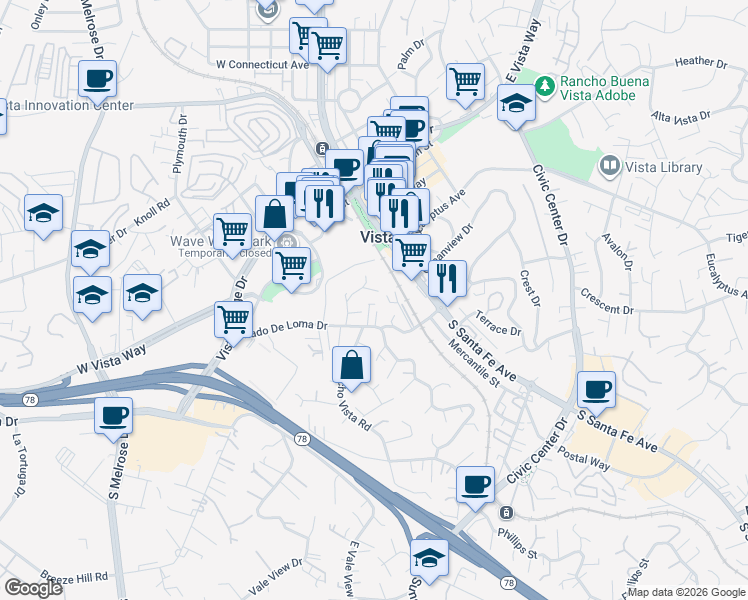 map of restaurants, bars, coffee shops, grocery stores, and more near 224 Astro Court in Vista
