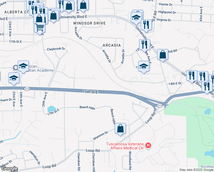 map of restaurants, bars, coffee shops, grocery stores, and more near 3218 Veterans Memorial Parkway in Tuscaloosa
