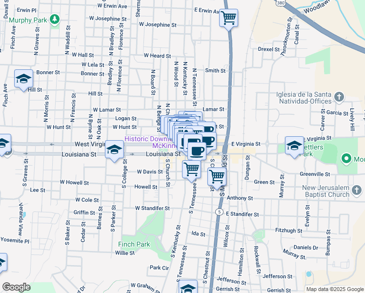 map of restaurants, bars, coffee shops, grocery stores, and more near 120 West Virginia Street in McKinney