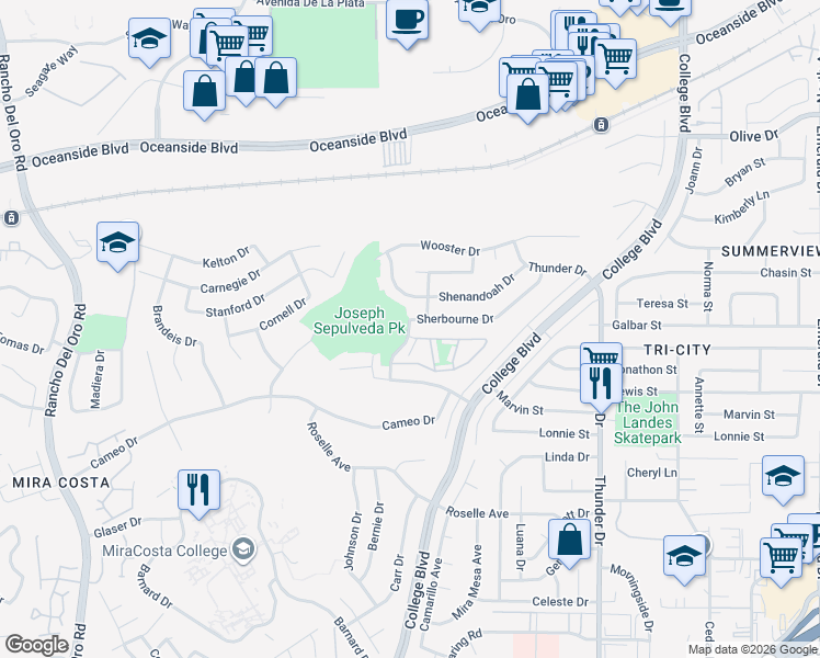 map of restaurants, bars, coffee shops, grocery stores, and more near 3875 Sherbourne Drive in Oceanside