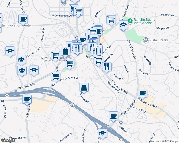 map of restaurants, bars, coffee shops, grocery stores, and more near 224 Astro Court in Vista