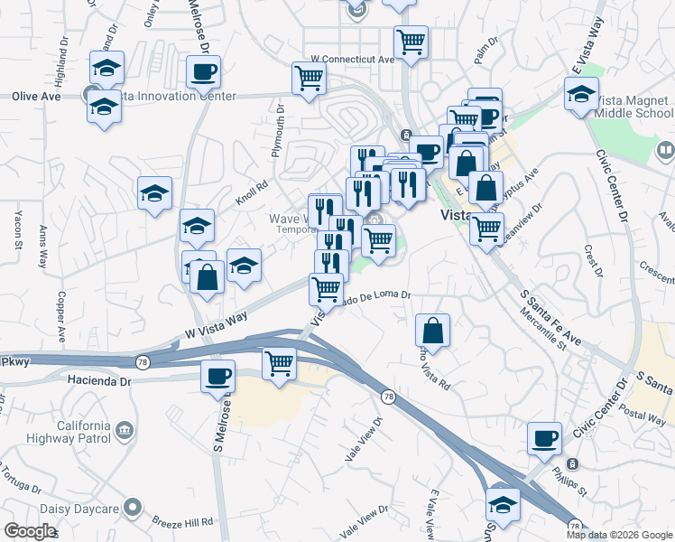 map of restaurants, bars, coffee shops, grocery stores, and more near in Vista