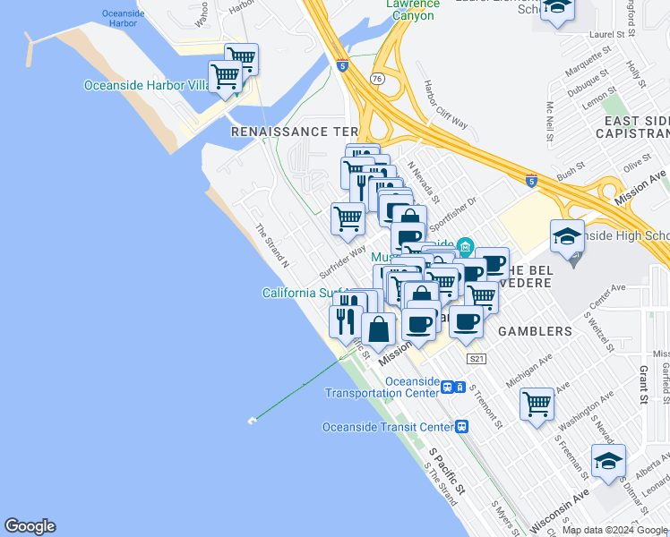 map of restaurants, bars, coffee shops, grocery stores, and more near 610 North Pacific Street in Oceanside