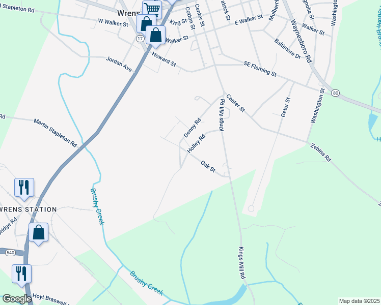 map of restaurants, bars, coffee shops, grocery stores, and more near Holley Road in Wrens