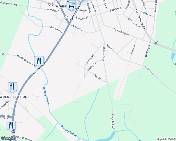 map of restaurants, bars, coffee shops, grocery stores, and more near 103 Oak Drive in Wrens