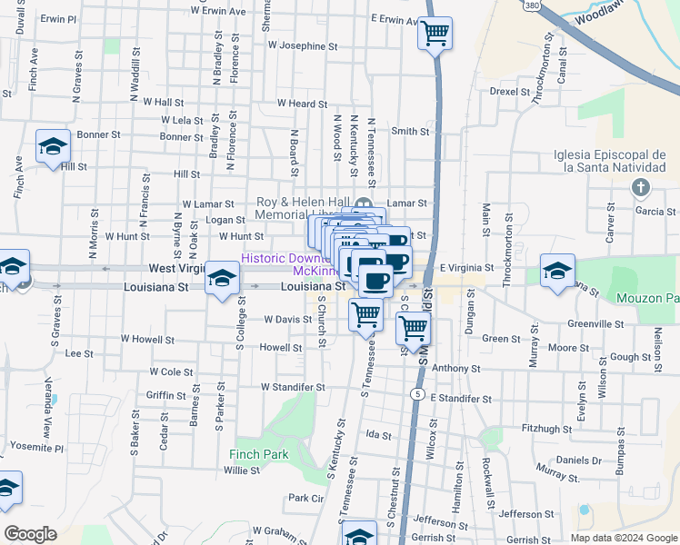 map of restaurants, bars, coffee shops, grocery stores, and more near 120 West Virginia Street in McKinney