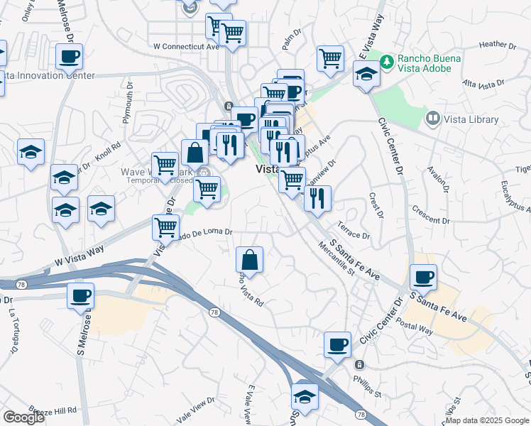 map of restaurants, bars, coffee shops, grocery stores, and more near 224 Astro Court in Vista