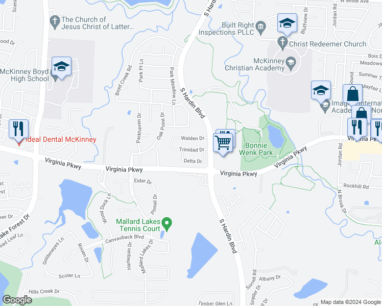 map of restaurants, bars, coffee shops, grocery stores, and more near 3705 Trinidad Drive in McKinney